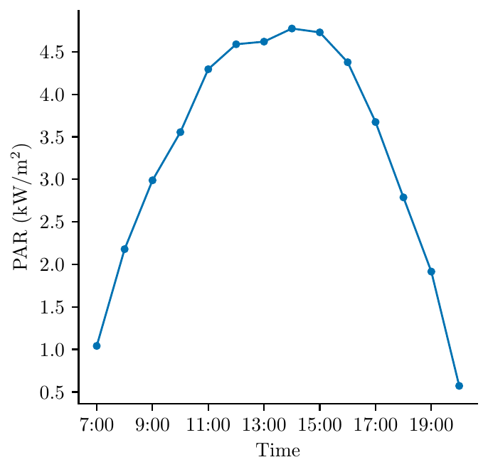 Maize diurnal PAR interception curve